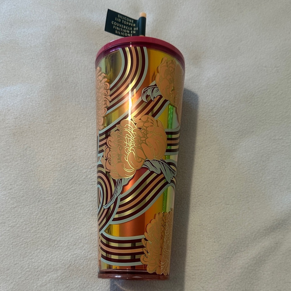 Starbucks Iridescent Floral 24oz Tumbler with Pink Lid and topper